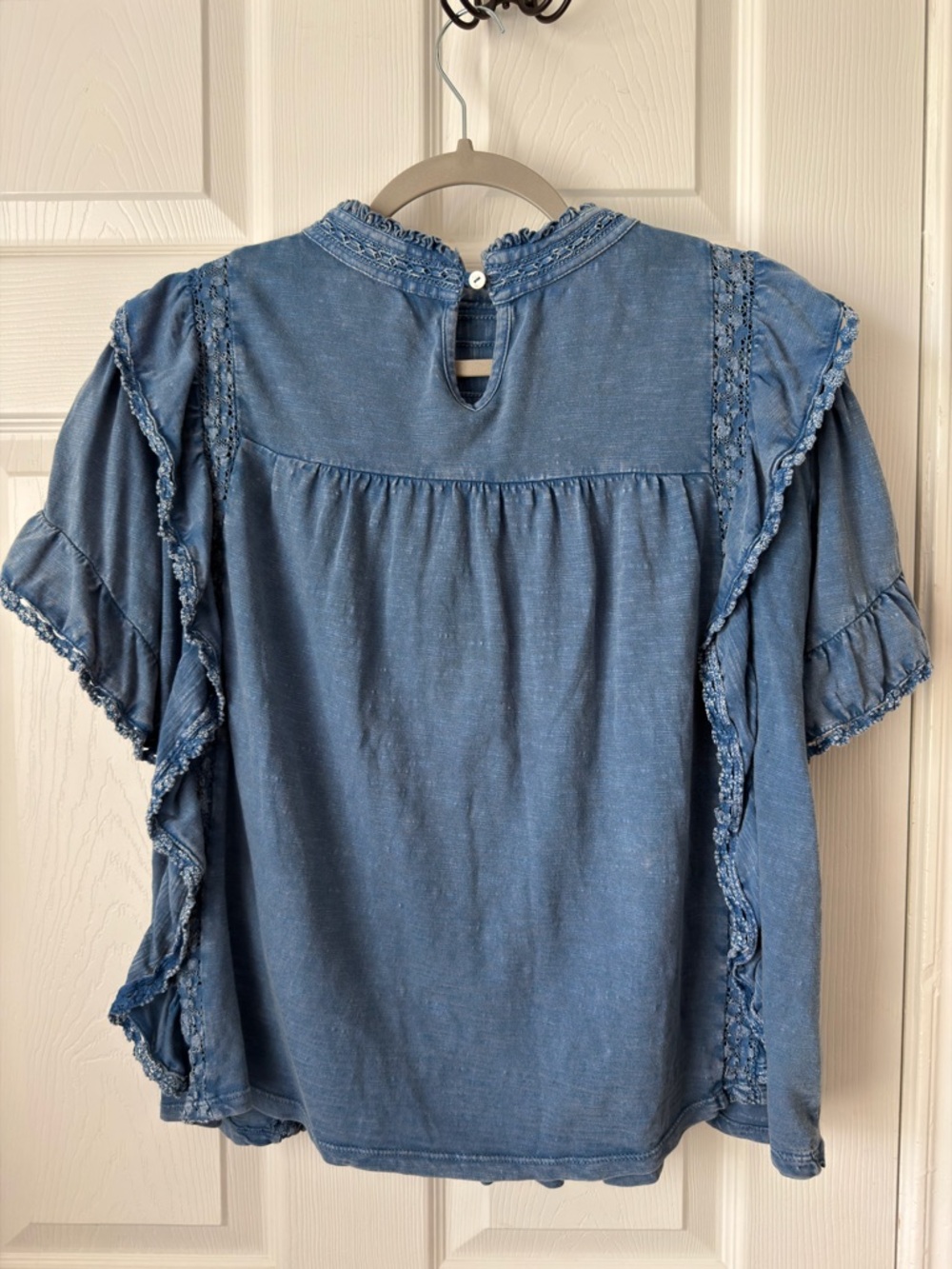 Free People Le Femme Ruffled Crochet Top Blue Boho Medium - Picture 5 of 8